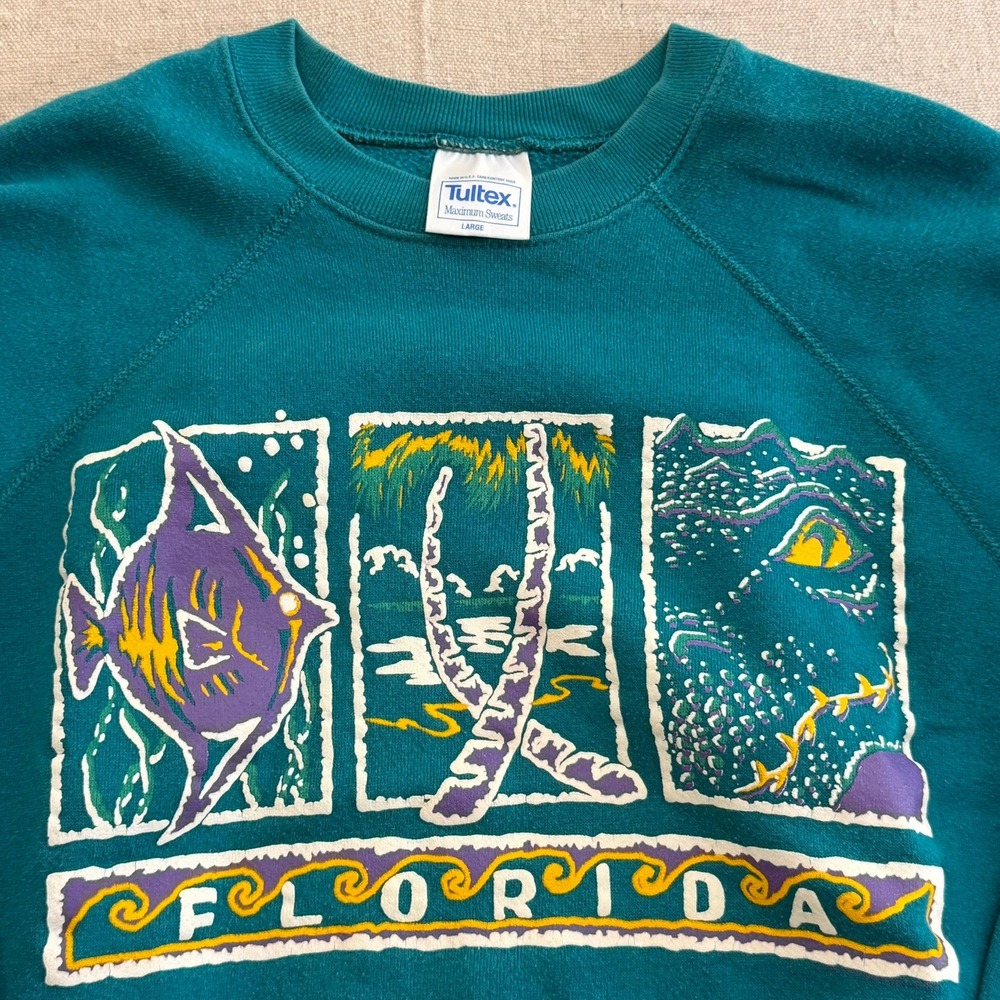Vintage 90s Tultex Florida Sweatshirt Teal Green Raglan Made in USA Large